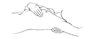 Illustration of breast self-examination, step 4, arm raised while lying down