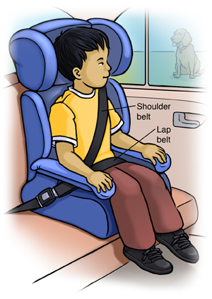 Boy sitting safely in booster seat in back seat of car.
