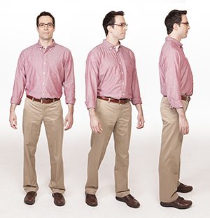 Front view of man standing with arms at sides. Three-quarter view of man taking small step to turn. Side view of man standing with arms at sides.