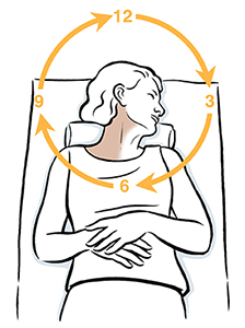 Woman lying on back doing face clock exercise.
