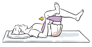 Woman lying on back pulling one thigh to chest with towel.