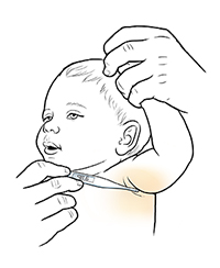 Closeup of adult raising baby's arm to place digital thermometer in armpit.