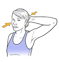 Woman holding hand to back of head doing neck isometric exercise.