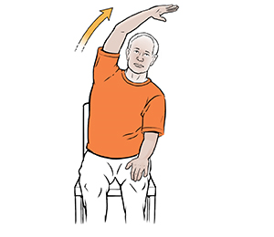 Man sitting in chair doing side stretch exercise.