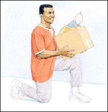 Image of man on one knee lifting a box to the knee