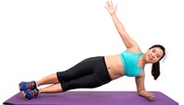 A woman is demonstrating the side plank exercise.