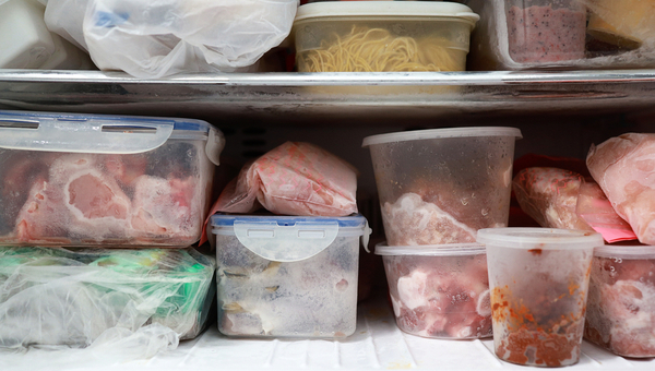 Plastic bags and container with frozen food in freezer