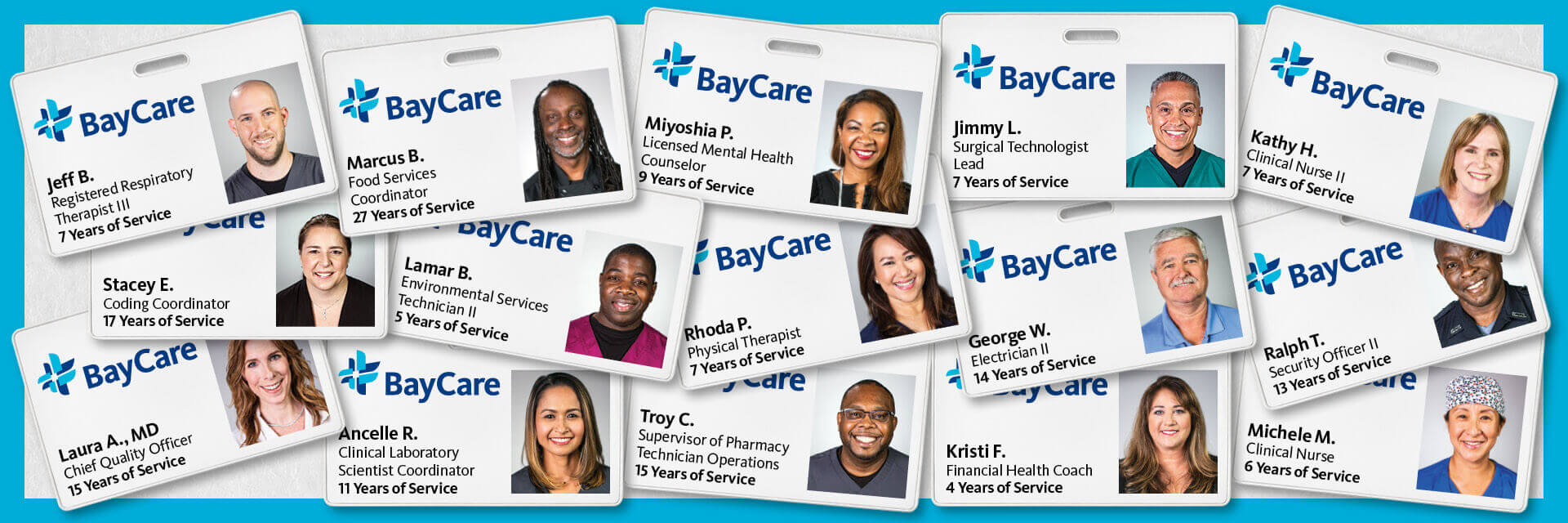 badges of Baycare team members with longevity of service