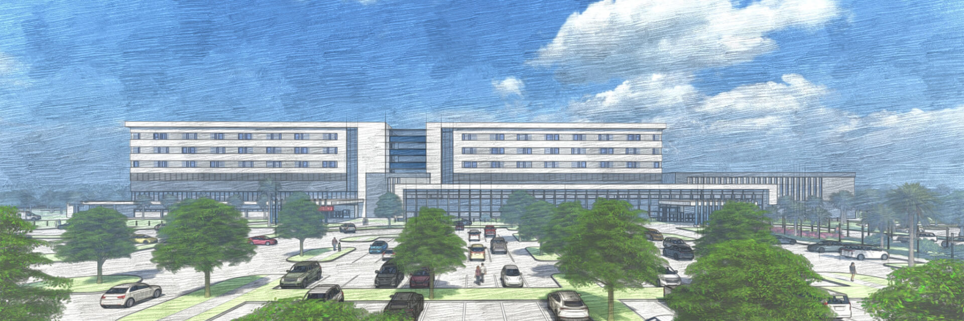 Hero image of distant front view of new plan for South Florida Baptist Hospital.