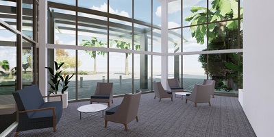 A rendering of a glass atrium, part of the St. Anthony's Hospital expansion