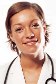 Short-haired woman wearing white lab coat with a stethoscope around her neck