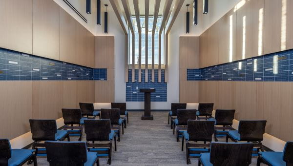 Rows of seats and a podium inside the chapel at Baycare Hospital Wesley Chapel