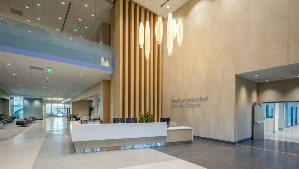 The guest services counter in the lobby at BayCare Hospital Wesley Chapel