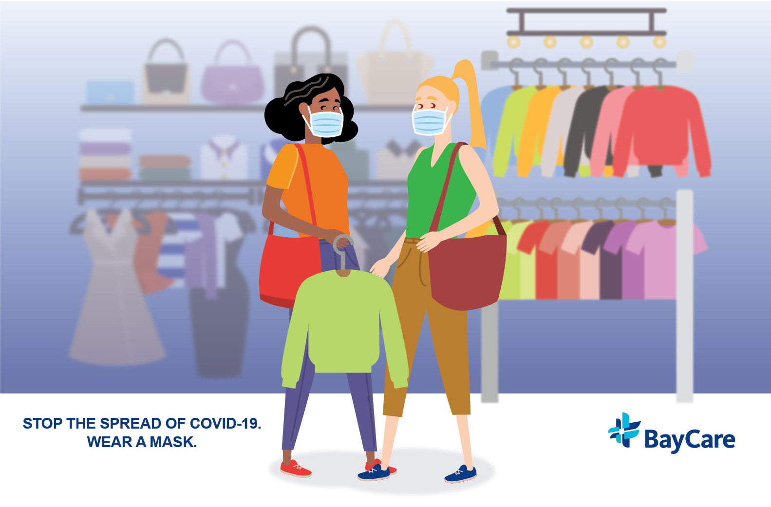 Illustration of two women shopping and wearing face masks