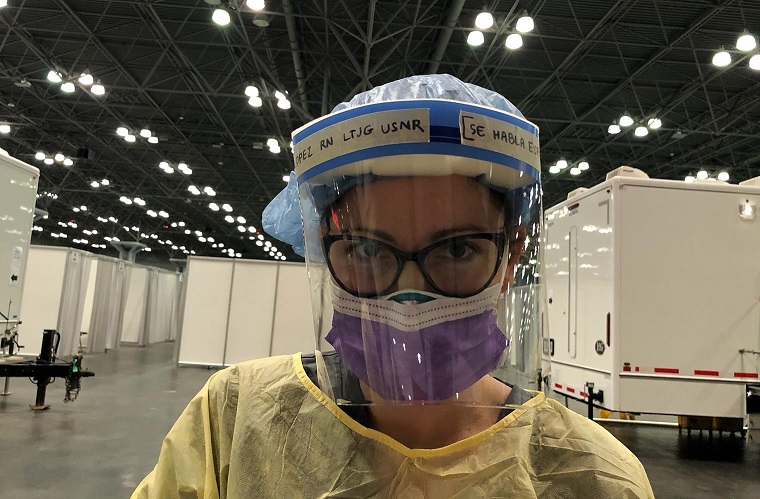 NYC Naval Reservist Sarah Lopez in PPE at Javits Convention center