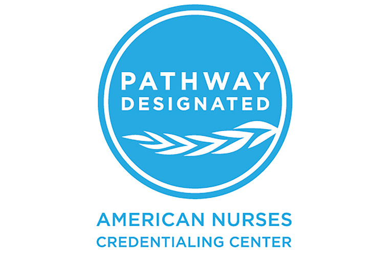 Round, blue graphic with the words Pathway Designated inside a circle and the words American Nurses Credentialing Center underneath the circle.