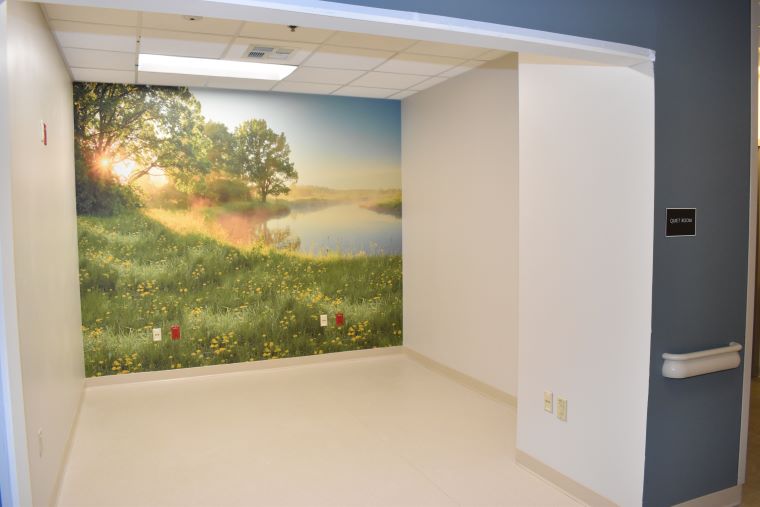 A wall mural in a room designated for quiet activities