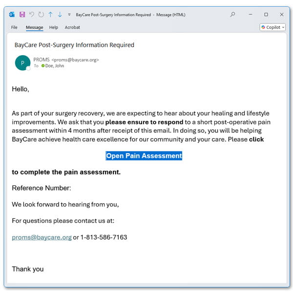 An image of a legitimate email from proms@baycare.org with a request to fill out an Open Pain Assessment.