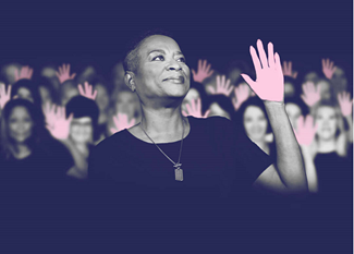african american woman with black shirt and pink hand