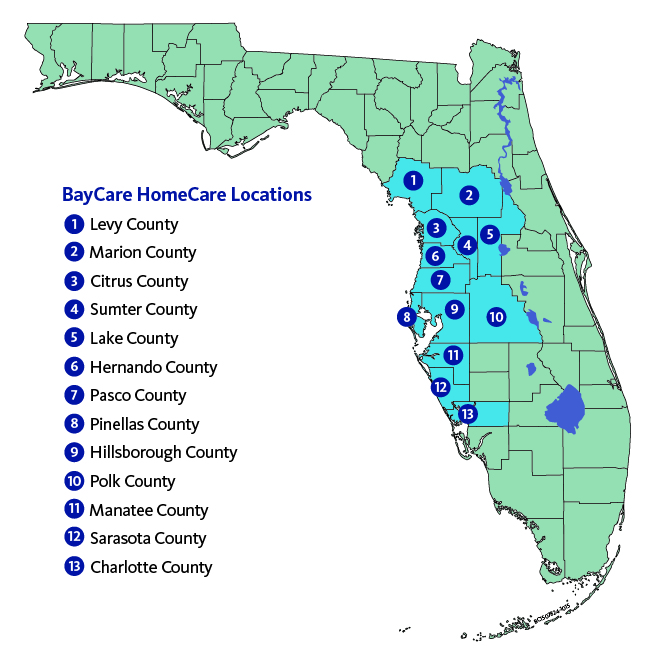 Map of Florida that indicates where our BayCare HomeCare locations are. 