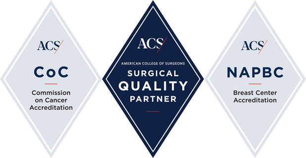 American College of Surgeons Accreditation logo: Commission on Cancer Accreditation, Surgical Quality Partner, and NAPBC Breast Center Accreditation