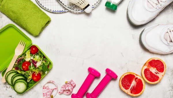 Collage of exercise equipment and healthy food. 